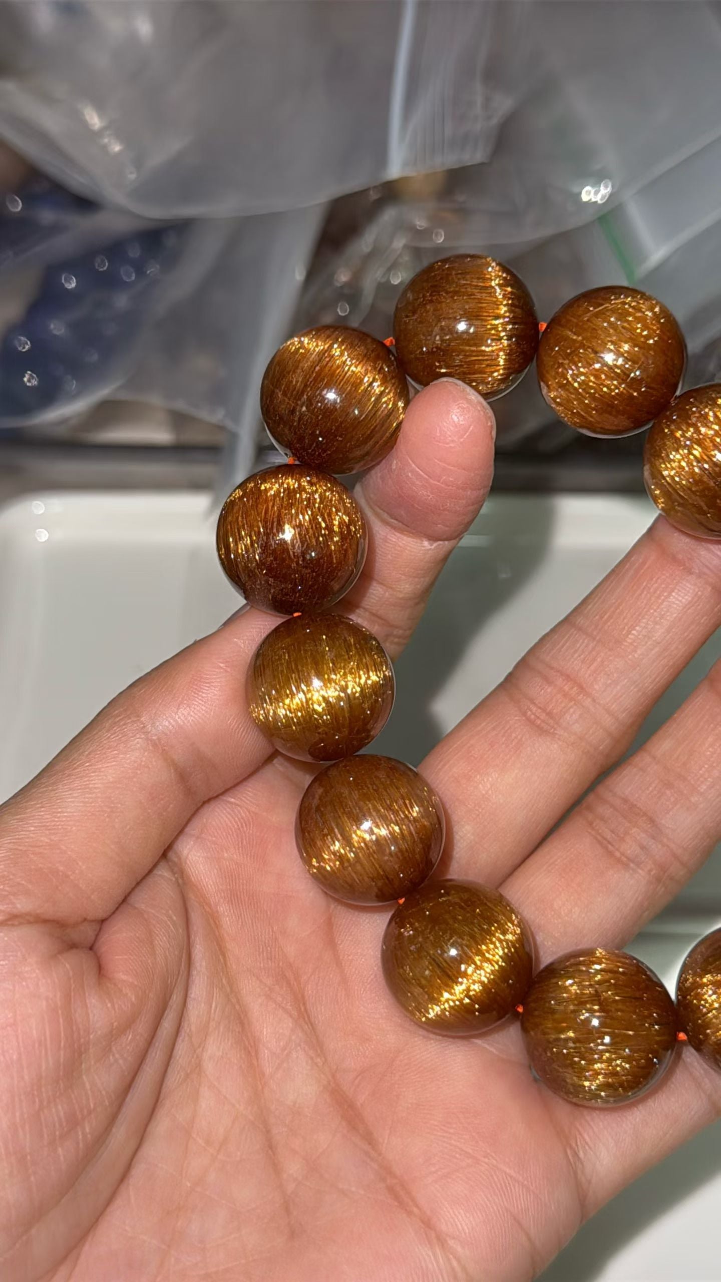 Natural Copper Titanium crystal Rutilated Quartz beaded bracelet 17mm