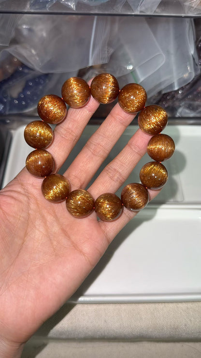 Natural Copper Titanium crystal Rutilated Quartz beaded bracelet 17mm