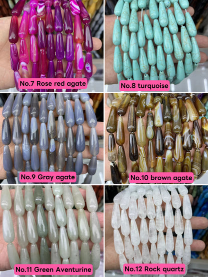 Natural Unakite Jasper , Aquamarine,Yellow Jade,White Howlite, Amazonite,Tigereyes,India Agate Smooth Teardrop Beads 10mm*30mm