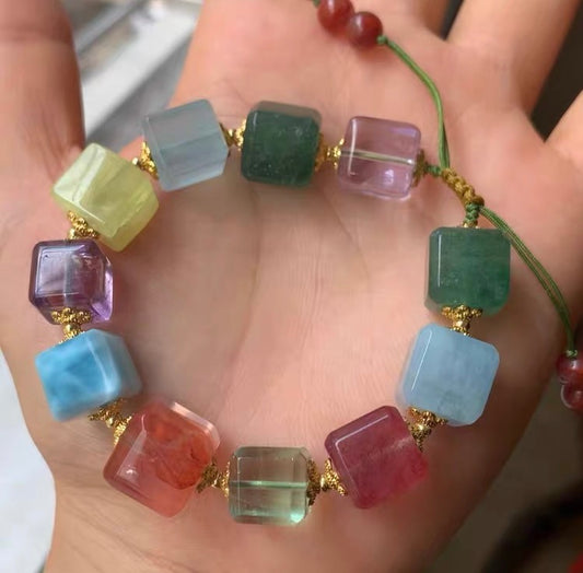 Natural Mixed Gemstone Crystal Cube Nugget beaded bracelet