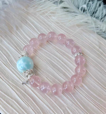 Natural pink Rose quartz Crystal and Larimar beaded bracelet 12mm