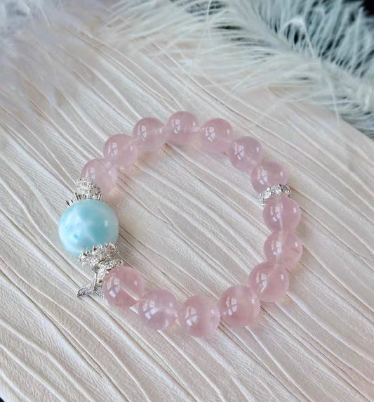 Natural pink Rose quartz Crystal and Larimar beaded bracelet 12mm