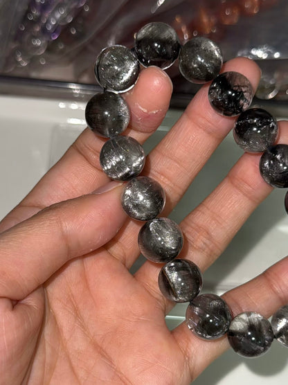 12mm High Quality Rare Natural Genuine Black Brookite Platinum Silver Rutilated Quartz Bracelet healing energy bracelet