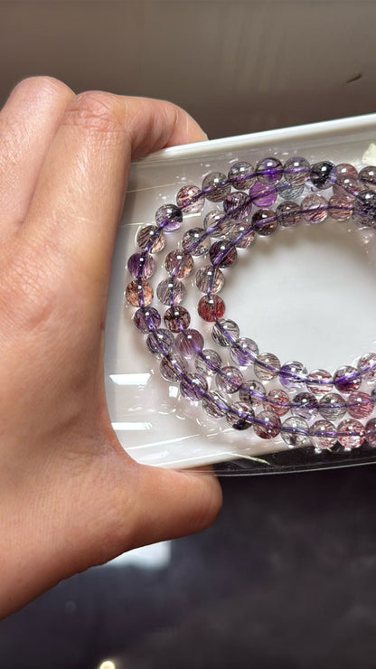 6.8mm Natural Super seven crystal Rutilated Quartz beads bracelet,3 laps bracelet