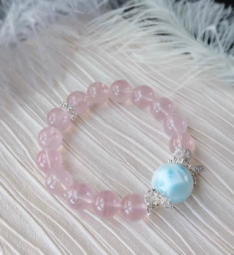Natural pink Rose quartz Crystal and Larimar beaded bracelet 12mm