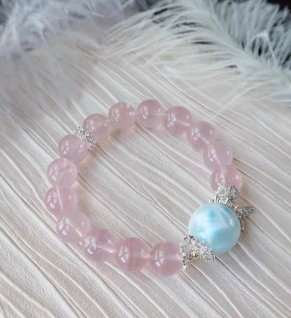 Natural pink Rose quartz Crystal and Larimar beaded bracelet 12mm