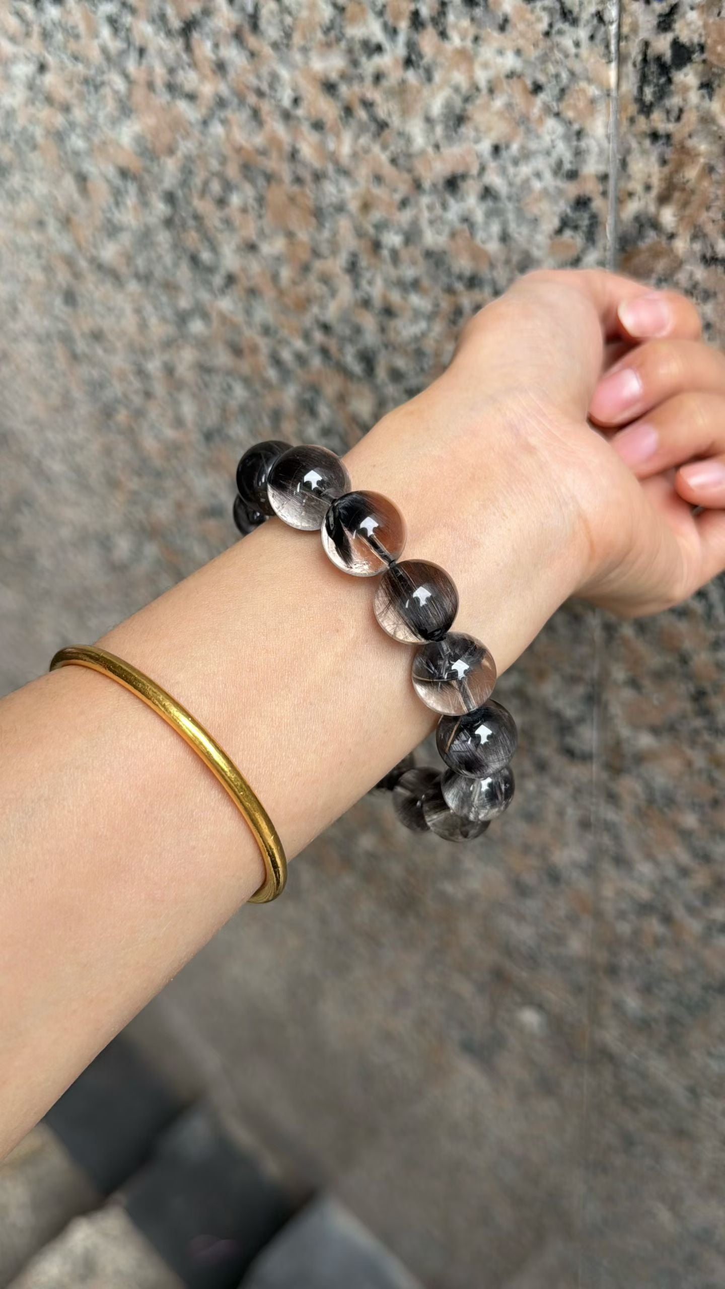 14mm High Quality Rare Natural Genuine Black Brookite Platinum Silver Rutilated Quartz Bracelet healing energy bracelet