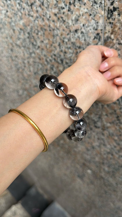 14mm High Quality Rare Natural Genuine Black Brookite Platinum Silver Rutilated Quartz Bracelet healing energy bracelet