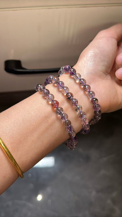 6.8mm Natural Super seven crystal Rutilated Quartz beads bracelet,3 laps bracelet