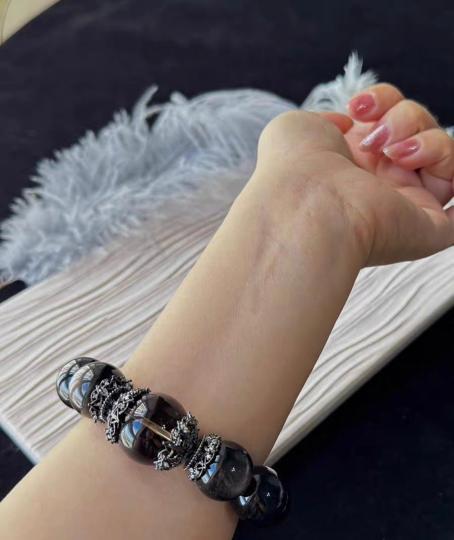 Natural silver obsidian and Smoky Quartz Crystal beaded bracelet 18mm