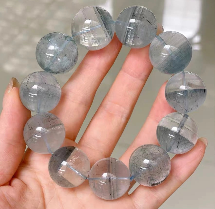Natural blue phantom Rutilated Quartz Crystal beads bracelet 20mm