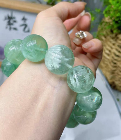 Natural Feathers Green fluorite beads bracelet 19.5mm
