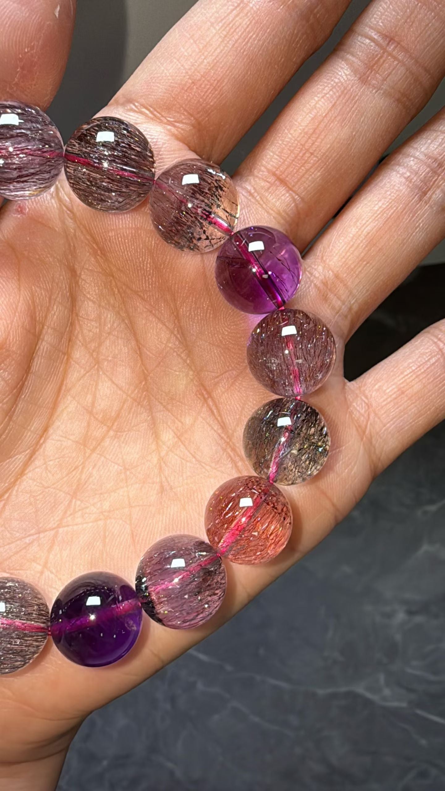 12.5mm Natural super seven Rutilated Quartz Crystal beads bracelet,Lepidocrocite in quartz,super7 bracelet