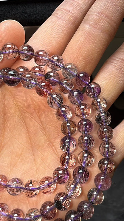6.8mm Natural Super seven crystal Rutilated Quartz beads bracelet,3 laps bracelet