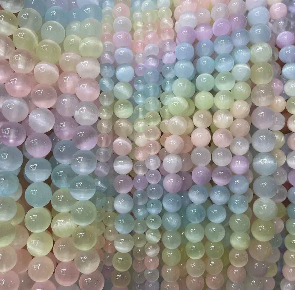 Natural Rainbow selenite smooth round loose beads