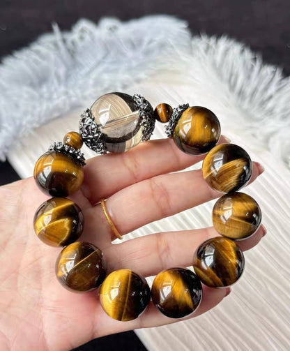 Natural Yellow tiger eyes and Smoky Quartz Crystal beaded bracelet