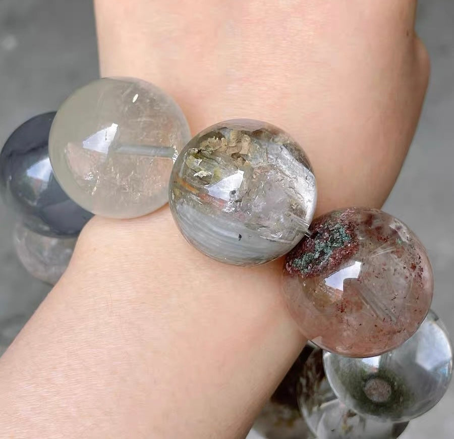 26mm natural Genuine phantom Rabbit hair Rutilated Quartz Crystal beads bracelet