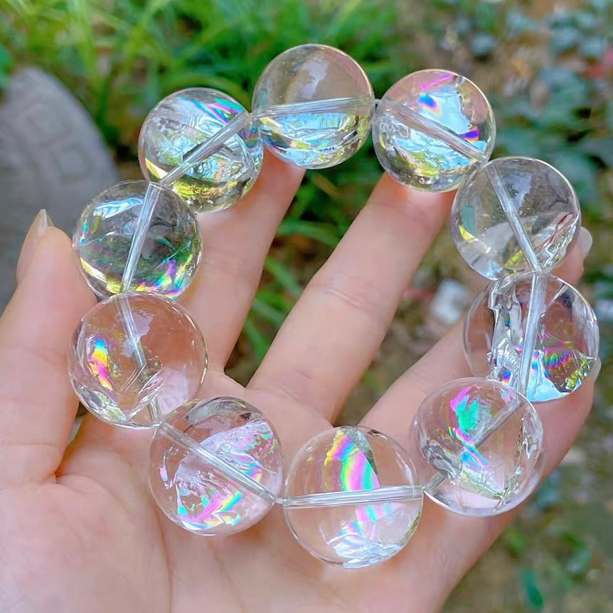 23mm Natural Rainbow White ASai Rock Quartz Crystal beaded bracelet