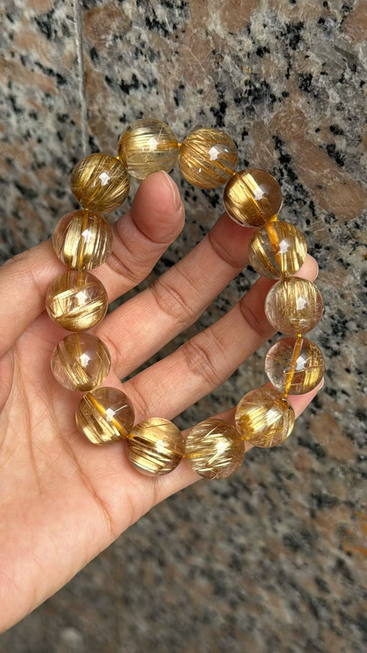 15mm Natural Titanium Crystal Rutilated Quartz Crystal beaded bracelet