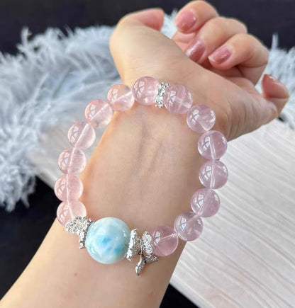 Natural pink Rose quartz Crystal and Larimar beaded bracelet 12mm