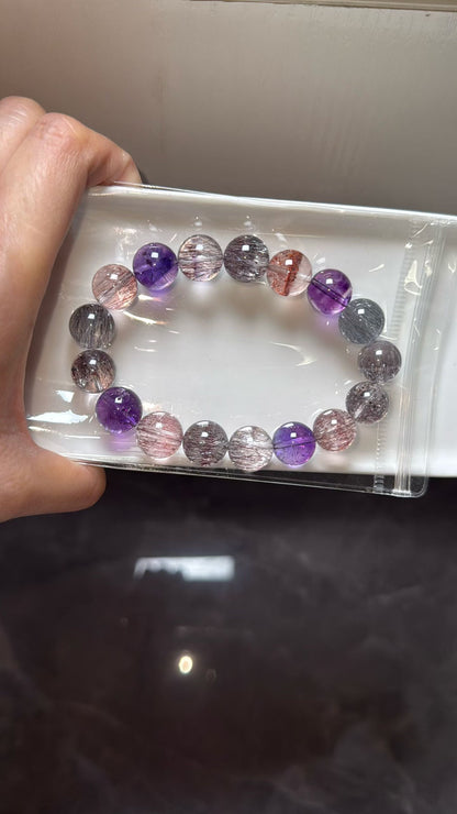 Natural Multicolor super seven Rutilated Quartz Crystal beads bracelet 12mm