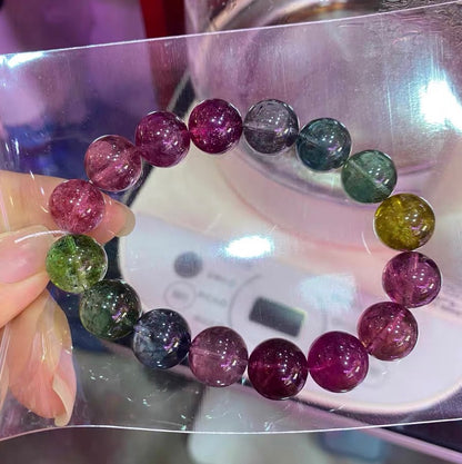 Natural Genuine Rainbow tourmaline purple blue red pink Green yellow color beads bracelet 12mm