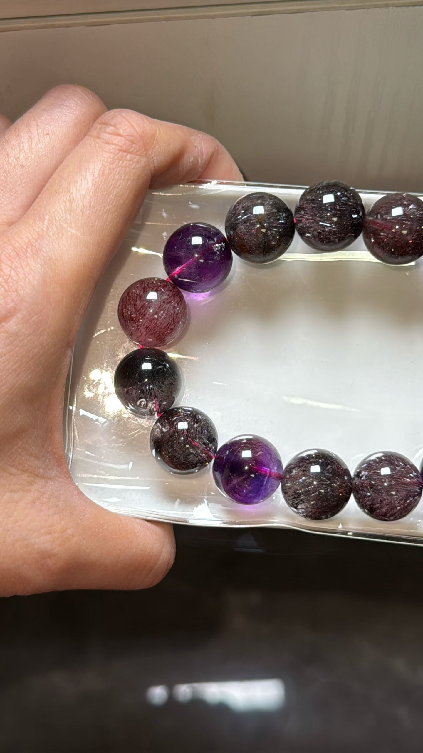 Purple Red Super seven Rutilated Quartz Crystal beaded bracelet 15mm,Lepidocrocite in crystal