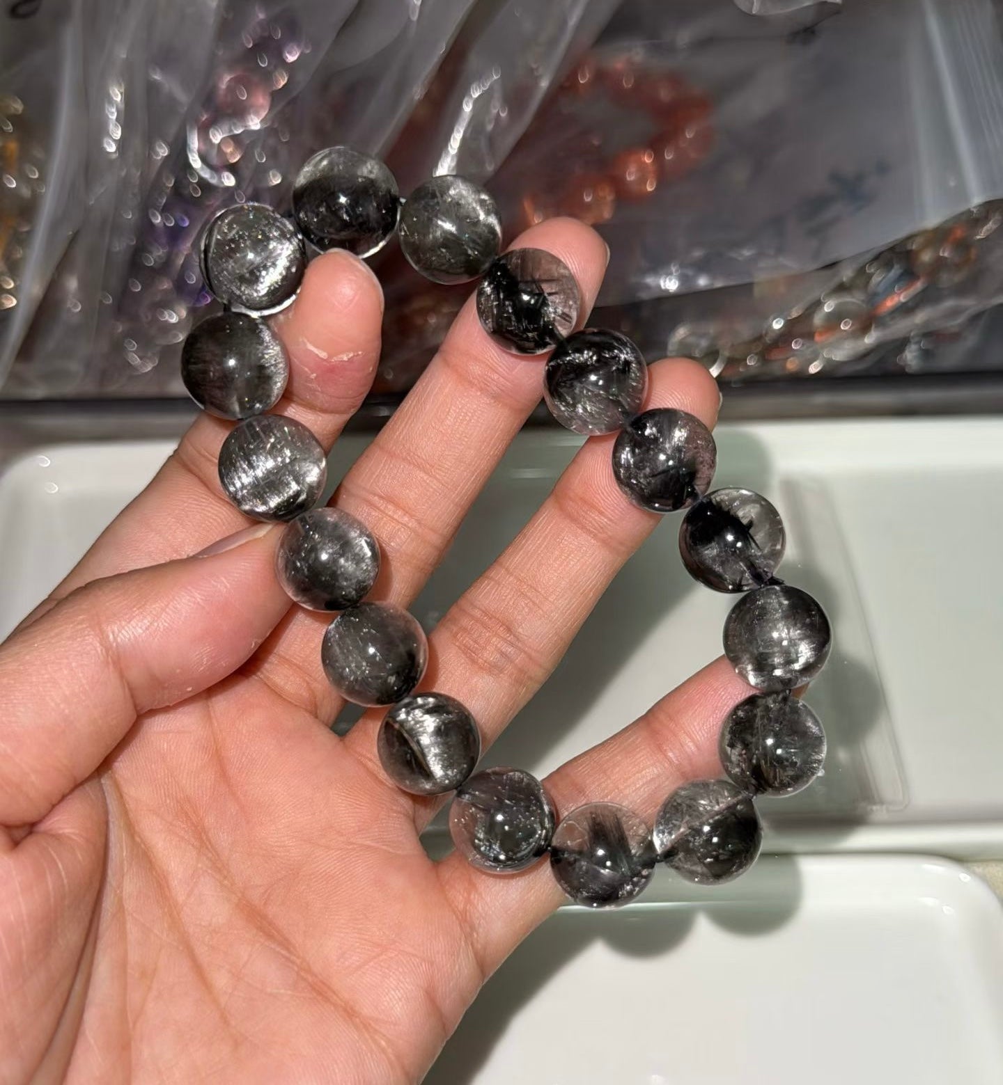 12mm High Quality Rare Natural Genuine Black Brookite Platinum Silver Rutilated Quartz Bracelet healing energy bracelet