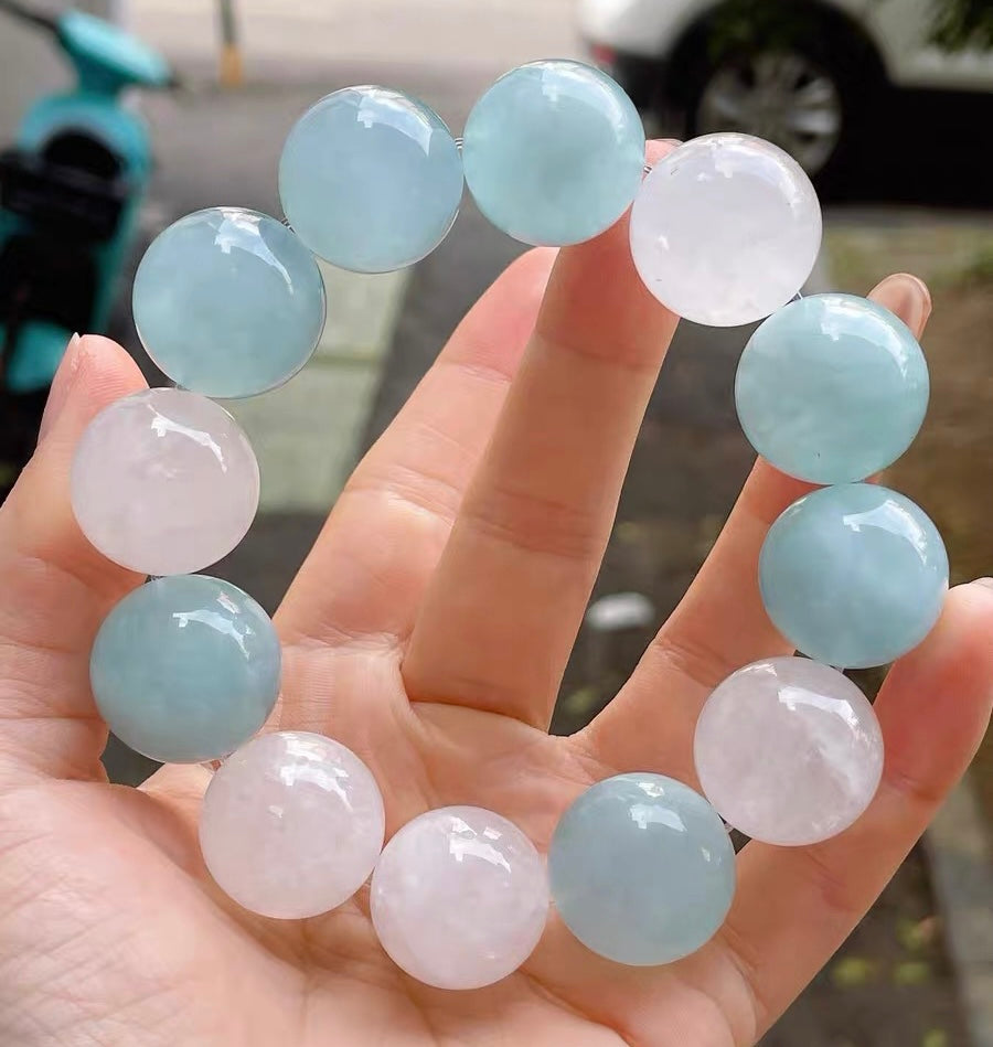 19mm Natural aquamarine and white phantom quartz Crystal beads bracelet