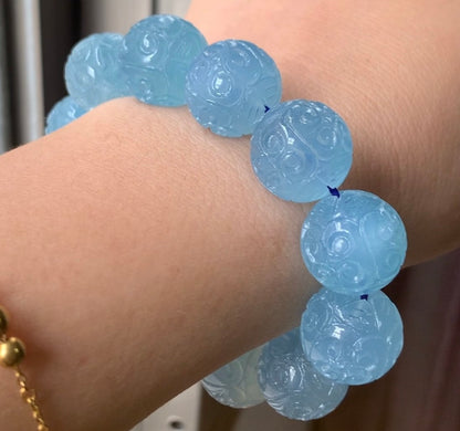17mm Natural Aquamarine Carved beaded bracelet