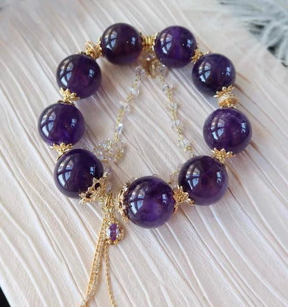 19mm Natural Purple Amethyst Quartz Crystal beaded bracelet