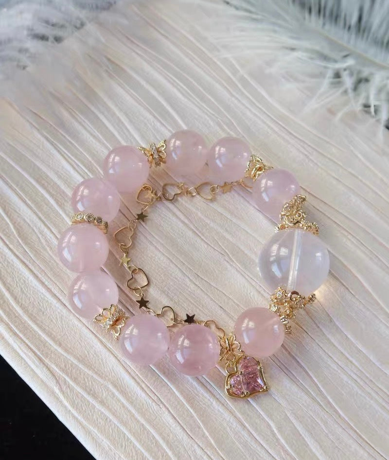 Natural pink Rose quartz Crystal beads bracelet 15mm