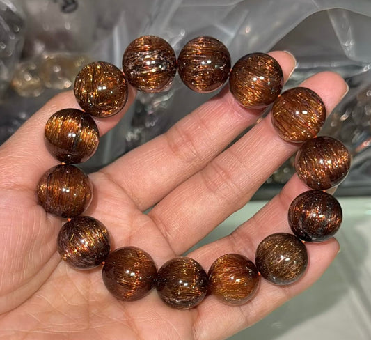 Natural Genuine Red copper Rutilated Quartz Crystal beads bracelet 15mm