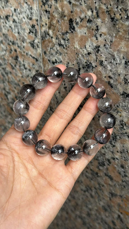 13mm High Quality Rare Natural Genuine Black Brookite Platinum Silver Rutilated Quartz Bracelet healing energy bracelet