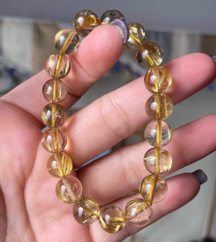 Natural Golden Rutilated Quartz Crystal beads bracelet 10mm