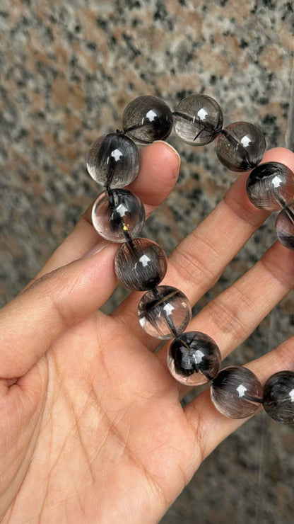 14mm High Quality Rare Natural Genuine Black Brookite Platinum Silver Rutilated Quartz Bracelet healing energy bracelet