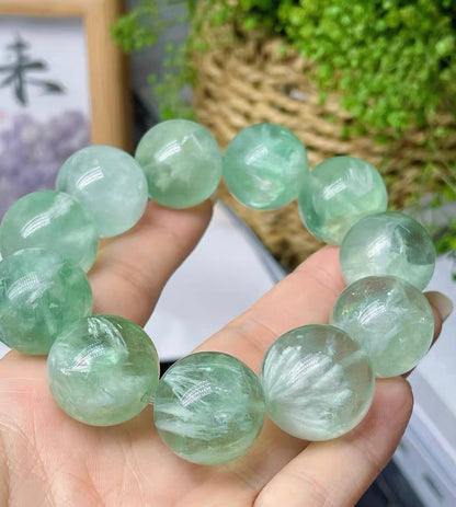 Natural Feathers Green fluorite beads bracelet 19.5mm