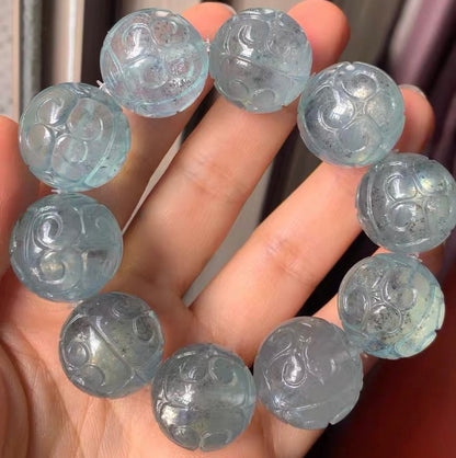 20mm Natural Black Starlight Aquamarine Carved beaded bracelet