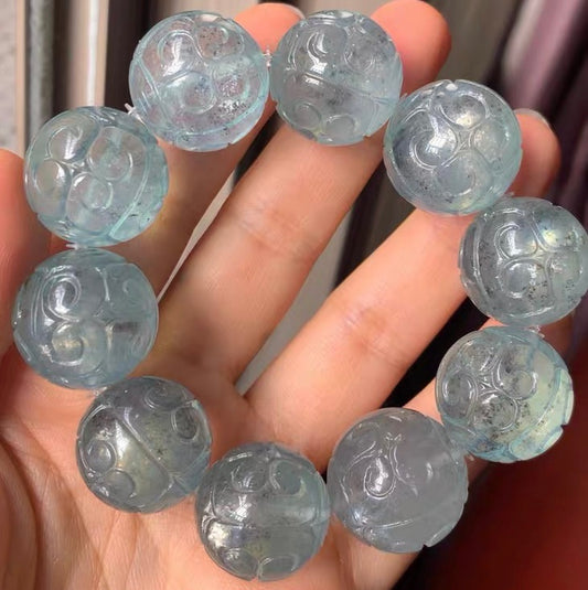 20mm Natural Black Starlight Aquamarine Carved beaded bracelet