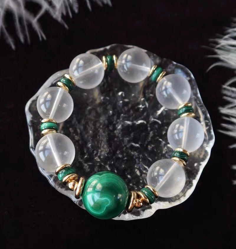 Natural Rock quartz Crystal and malachite beaded bracelet