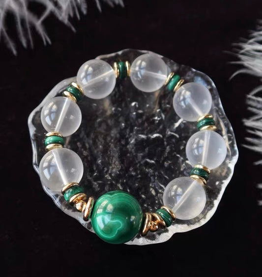 Natural Rock quartz Crystal and malachite beaded bracelet