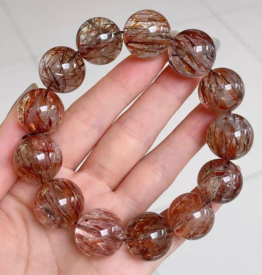 Natural Black Golden Super seven Rutilated Quartz Crystal beaded bracelet,17mm