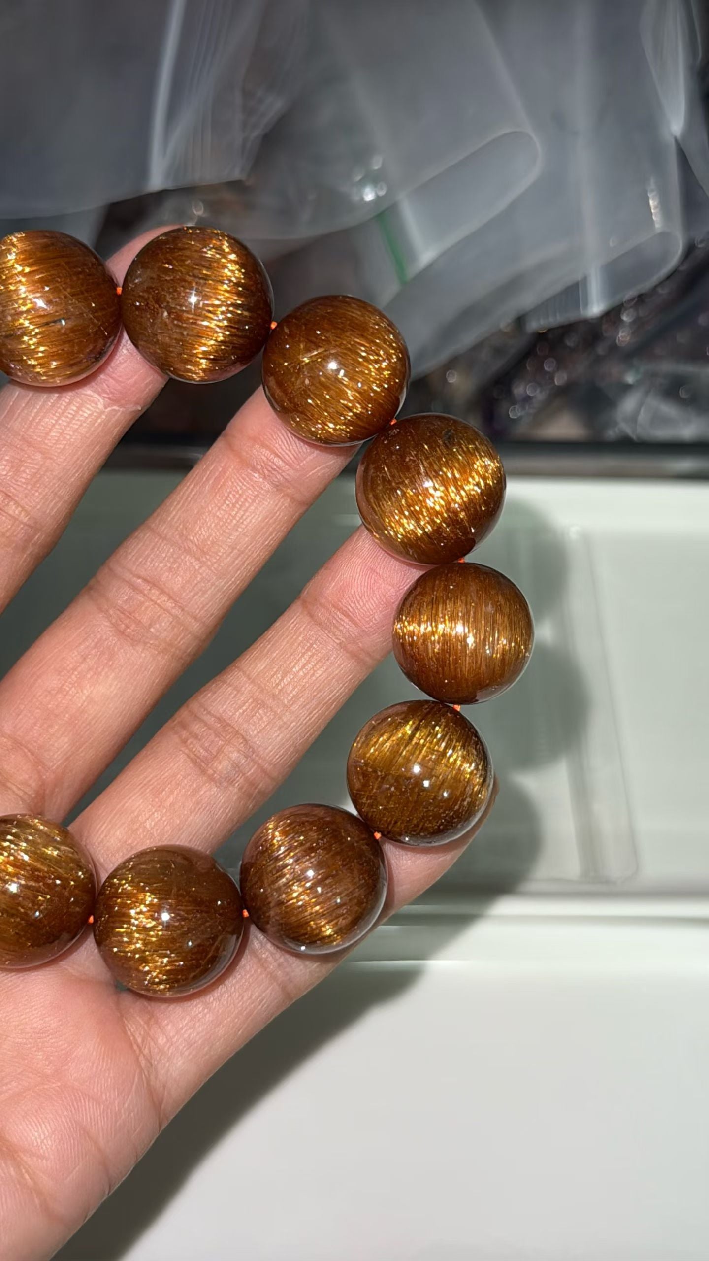 Natural Copper Titanium crystal Rutilated Quartz beaded bracelet 17mm