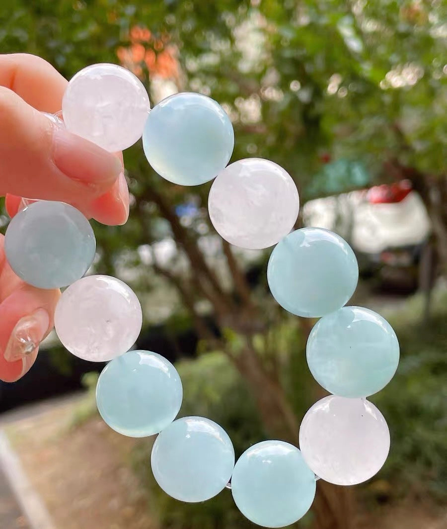 19mm Natural aquamarine and white phantom quartz Crystal beads bracelet