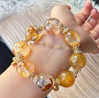 Natural pyrite in Hematoid Lepidocrocite Quartz Crystal beaded bracelet 20mm