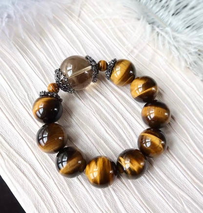 Natural Yellow tiger eyes and Smoky Quartz Crystal beaded bracelet