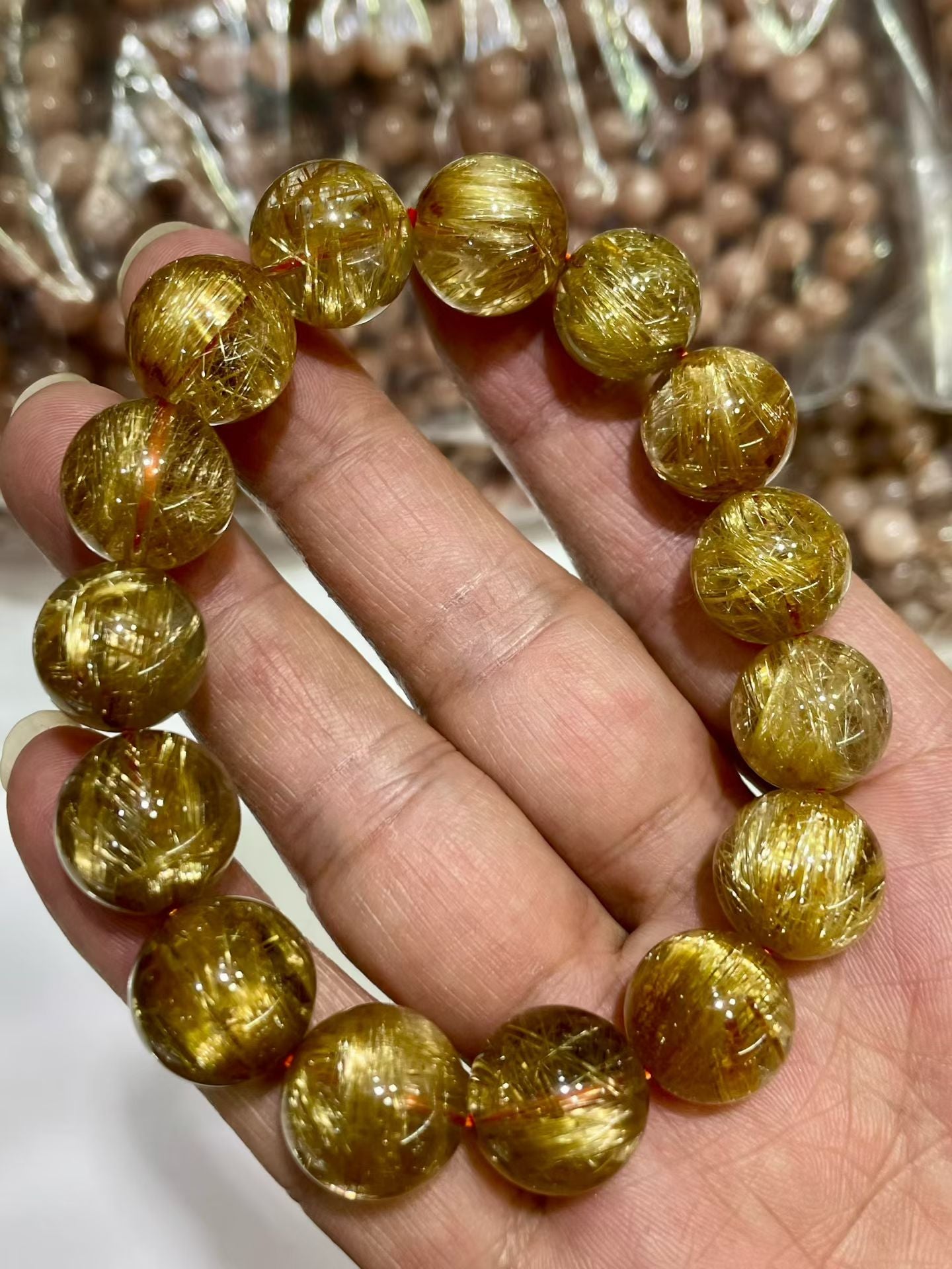 14mm Natural Gold Titanium Crystal Quartz beaded bracelet