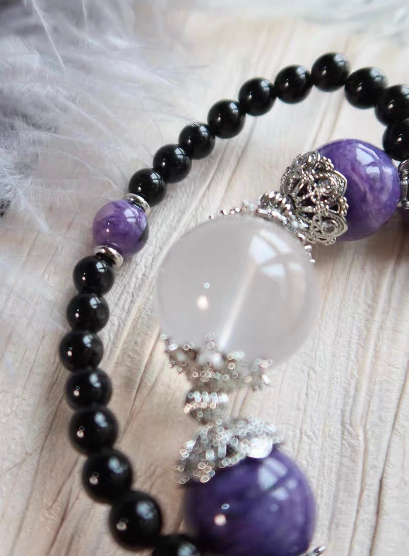 Natural Charoite purple and obsidian handmade beads bracelet