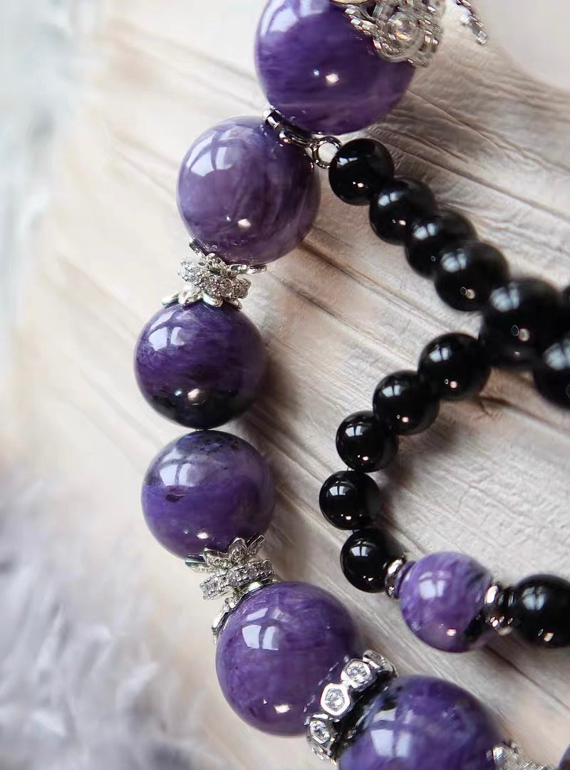 Natural Charoite purple and obsidian handmade beads bracelet