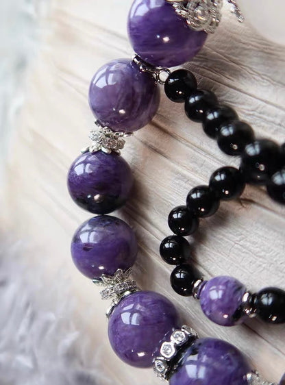 Natural Charoite purple and obsidian handmade beads bracelet